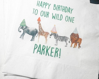 Party Animals Wild One Animal Parade Safari Jungle Birthday Party Personalized Cocktail, Luncheon or Dinner Napkins Set of 25