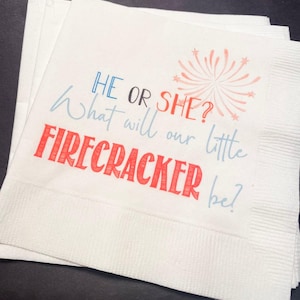 Firecracker Gender Reveal He or She July 4th Cocktail or Luncheon Napkins, Set of 25