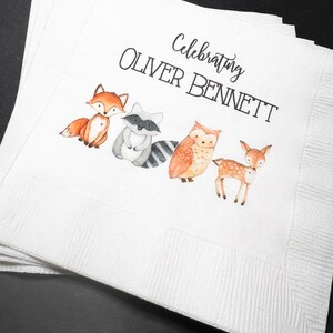 Woodland Animal Oh Deer Fox Owl Baby Shower Green Gold Personalized Fall Cocktail or Luncheon Napkins, Set of 25