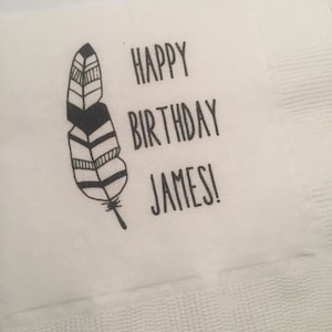 Personalized Boho Feather Black White Pow Wow First Birthday Bohemian Cocktail, Luncheon or Dinner Napkins Set of 25