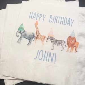 Party Animals Animal Parade Safari Jungle Birthday Party Personalized Cocktail, Luncheon or Dinner Napkins Set of 25