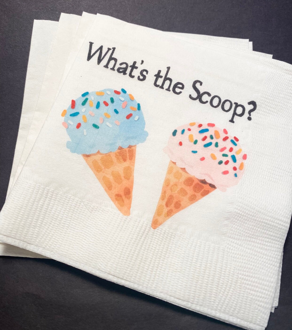 Whats the Scoop Gender Reveal Ice Cream Baby Reveal Pink Blue Ice Cream Cocktail Luncheon or Dinner Napkins Set of 25