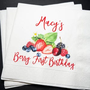 Berry First Birthday Summer Birthday Party Strawberry Blueberry Raspberry Personalized Cocktail, Luncheon or Dinner Napkins Set of 25