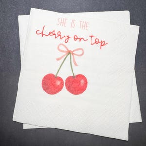 Cherry on Top Pink Bow Bridal Shower  Cherry First Birthday Summer Birthday Pink Red Shower Cocktail, Luncheon or Dinner Napkins Set of 25