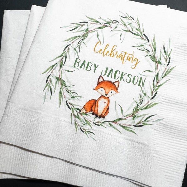 Woodland Animal Fox Baby Shower Green Gold Personalized Fall Cocktail, Luncheon or Dinner Napkins Set of 25