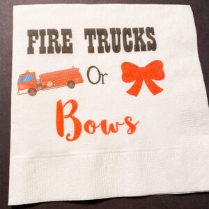 Fire Trucks or Bows Gender Reveal Baby Shower Black Red  Custom Cocktail, Luncheon or Dinner Napkins Set of 25