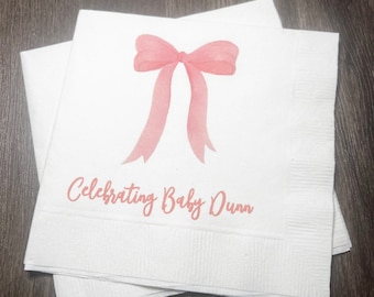 Pink Bow Baby Shower It’s a Girl Pink Girl Baby Shower Personalized Cocktail, Luncheon or Dinner Napkins Set of 25