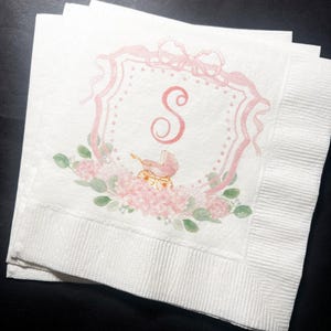 Baby Carriage Watercolor Crest Monogram Pink Bow Baby Shower Personalized Cocktail, Luncheon or Dinner Napkins Set of 25