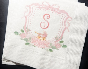 Baby Carriage Watercolor Crest Monogram Pink Bow Baby Shower Personalized Cocktail, Luncheon or Dinner Napkins Set of 25