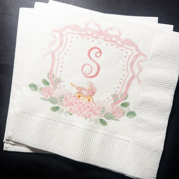 Baby Carriage Watercolor Crest Monogram Pink Bow Baby Shower Personalized Cocktail, Luncheon or Dinner Napkins Set of 25