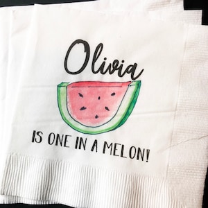Watermelon One in a Melon First Birthday Summer Birthday Party Girl Melon Party Personalized Cocktail, Luncheon or Dinner Napkins Set of 25