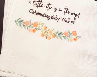 A Little Cutie is on the Way Clementine Cutie Baby Shower Spring Summer Baby Shower Personalized Cocktail or Luncheon Napkins, Set of 25