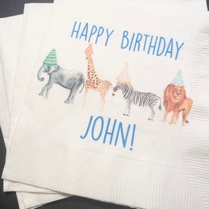 Party Animals Animal Parade Safari Jungle Birthday Party Personalized Cocktail, Luncheon or Dinner Napkins Set of 25