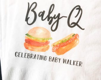 Baby-Q Baby Barbecue Baby Shower Gender Reveal Summer Cookout Personalized Cocktail, Luncheon or Dinner Napkins Set of 25
