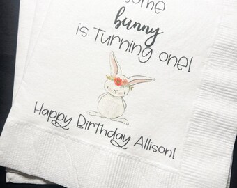 Some Bunny is One First Birthday Party Bunny 1st Birthday Spring Easter Birthday Personalized Cocktail Luncheon or Dinner Napkins, Set of 25