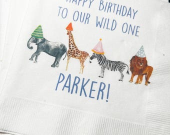 Party Animals Wild One Animal Parade Safari Jungle Birthday Party Personalized Cocktail, Luncheon or Dinner Napkins Set of 25