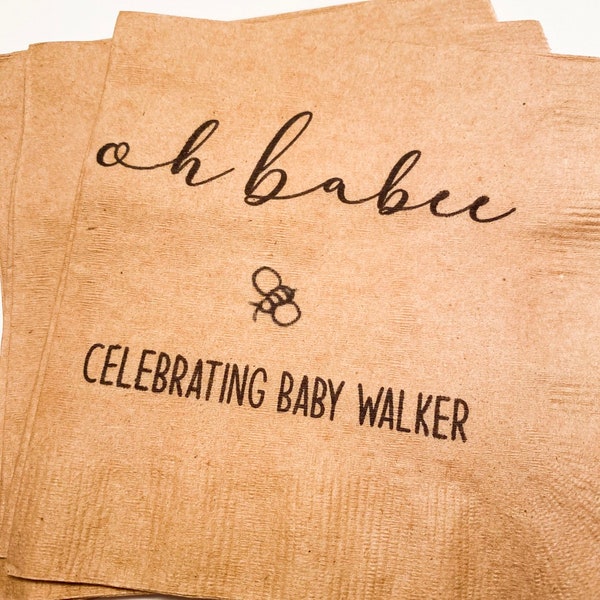 Oh Babee Bee Baby Shower Honey Themed Baby Shower Kraft Personalized Cocktail or Luncheon Napkins, Set of 25