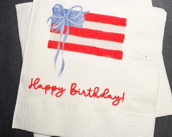 Patriotic Birthday 4th of July Birthday Red White Blue American Flag Birthday Blue Bow Memorial Cocktail, Lunch or Dinner Napkins, Set of 25