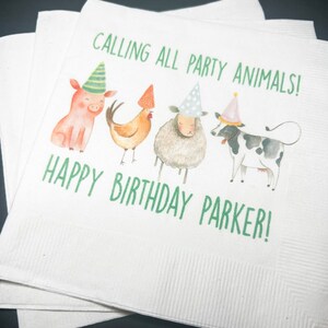 Party Animals Animal Parade Safari Jungle Birthday Party Personalized Cocktail, Luncheon or Dinner Napkins Set of 25