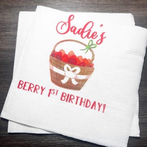 Strawberry Birthday Berry First Birthday Summer Birthday Party Girl Personalized Cocktail, Luncheon or Dinner Napkins Set of 25