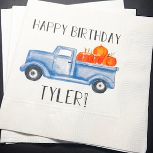 Blue Truck Pumpkin Fall Boy Birthday Pumpkin Autumn Birthday Party Personalized Cocktail or Luncheon Napkins, Set of 25