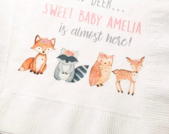 Woodland Animal Oh Deer Fox Owl Girl Baby  Shower Floral Crown Personalized Fall Cocktail, Luncheon or Dinner Napkins Set of 25