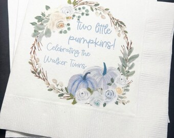 Two Little Pumpkins Are On The Way Twins Fall Baby Shower Twin Gender Reveal Personalized Cocktail, Luncheon or Dinner Napkins Set of 25