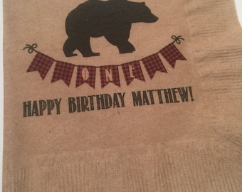Lumberjack Buffalo Plaid Our Little Bear Winter 1st Birthday Personalized Kraft Cocktail or Luncheon Napkins, Set of 25