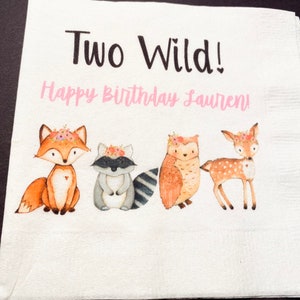 Woodland Animal Birthday Two Wild Rustic Party Personalized Fall Cocktail, Luncheon or Dinner Napkins Set of 25