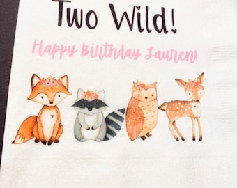 Woodland Animal Birthday Two Wild Rustic Party Personalized Fall Cocktail, Luncheon or Dinner Napkins Set of 25