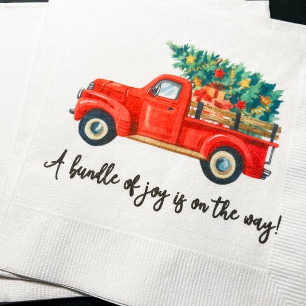 Bundle of Joy is on the Way Red Truck Winter Christmas Tree December Baby Shower Cocktail, Luncheon or Dinner Napkins Set of 25