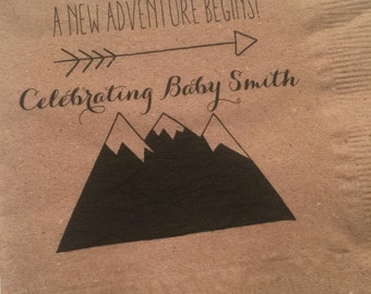New Adventure Begins Greatest Adventure Mountain Baby Shower Personalized Kraft Cocktail or Luncheon Napkins, Set of 25