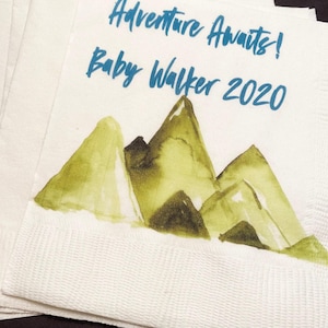 Adventure Awaits Trees Mountain Baby Shower Adventure Begins Personalized Cocktail, Luncheon or Dinner Napkins Set of 25