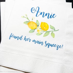 Lemon Bridal Shower Main Squeeze Spring Summer Wedding Blue Yellow Personalized Cocktail, Luncheon or Dinner Napkins Set of 25