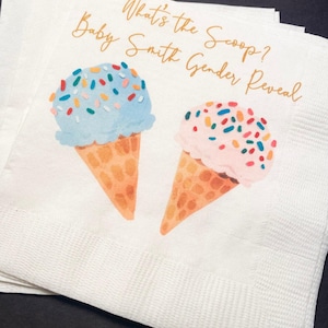 What’s the Scoop Gender Reveal Ice Cream Baby Reveal Pink Blue Ice Cream Personalized Cocktail, Luncheon or Dinner Napkins Set of 25