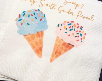 What’s the Scoop Gender Reveal Ice Cream Baby Reveal Pink Blue Ice Cream Personalized Cocktail, Luncheon or Dinner Napkins Set of 25