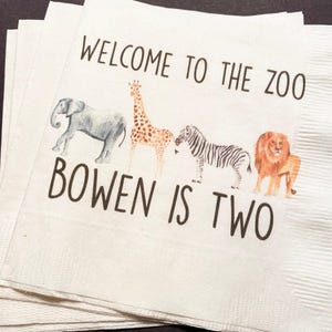 Party Animals Welcome to the Zoo is Two Birthday Party Personalized Cocktail, Luncheon or Dinner Napkins Set of 25