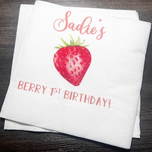 Strawberry Birthday Berry First Birthday Summer Birthday Party Girl Personalized Cocktail, Luncheon or Dinner Napkins Set of 25