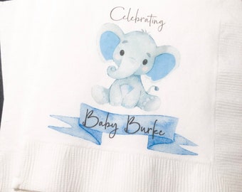 Elephant Baby Shower A Little Peanut is on its Way Blue Boy Shower Personalized Cocktail, Luncheon or Dinner Napkins Set of 25