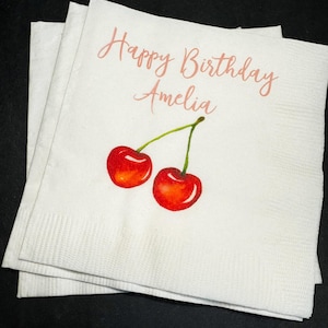Cherry Birthday Cherry First Birthday Summer Birthday Cherry on Top Personalized Cocktail, Luncheon or Dinner Napkins Set of 25