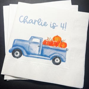 Blue Truck Pumpkin Fall Boy Birthday Pumpkin Autumn Birthday Party Personalized Cocktail or Luncheon Napkins, Set of 25