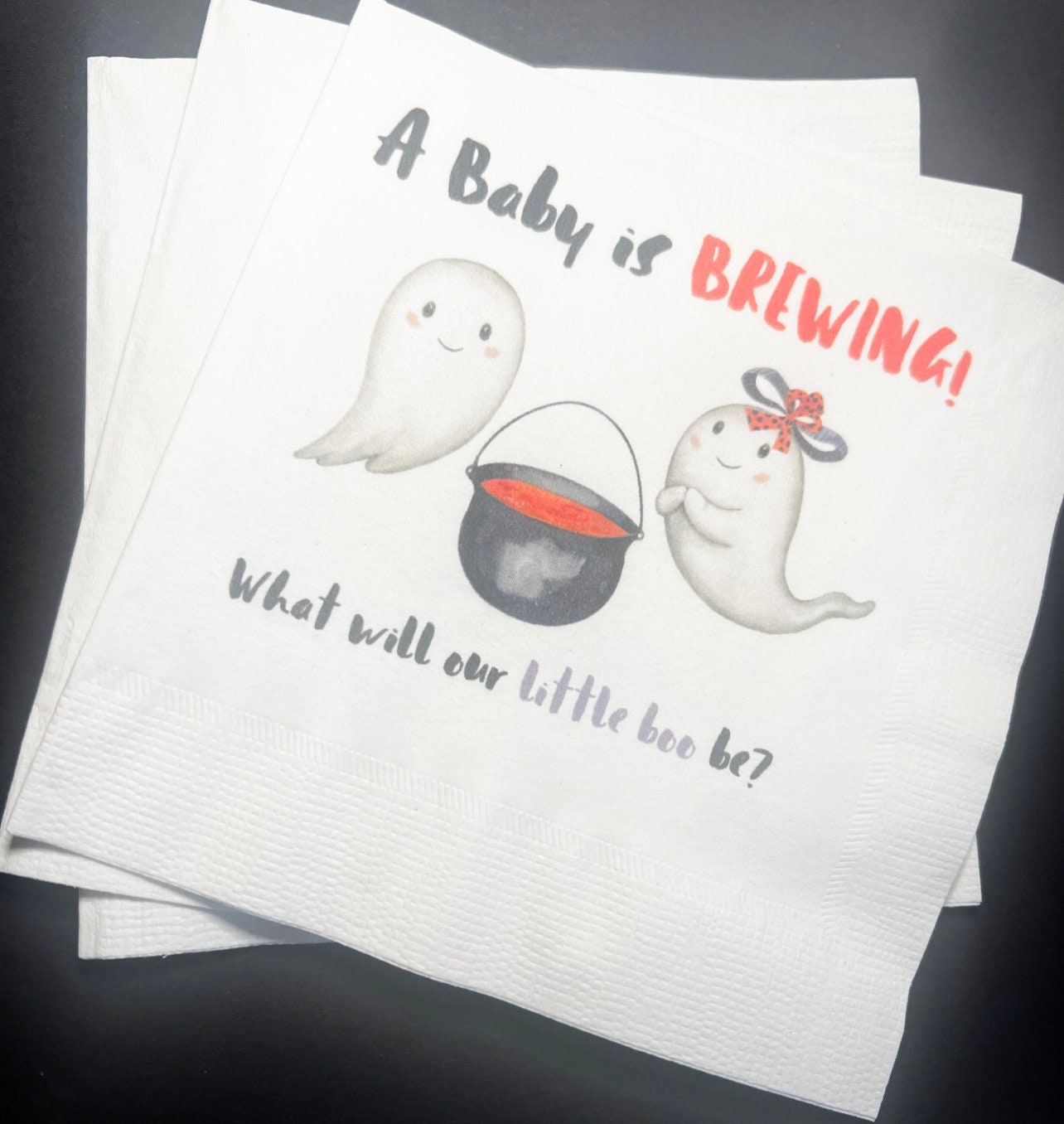 Baby is Brewing What Will Our Little Boo Be Halloween Gender Reveal Cocktail Luncheon or Dinner Napkins Set of 25