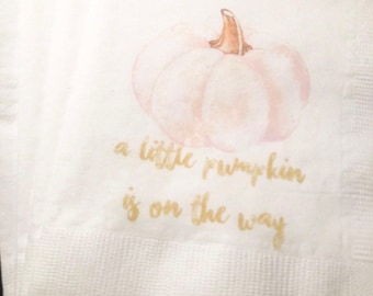 A Little Pumpkin Is On It&#39;s Way Girl Fall Baby Shower Pink Pumpkin Gold Cocktail, Luncheon or Dinner Napkins Set of 25