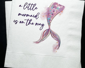 Mermaid Baby Shower A Mermaid is on the Way purple baby shower Cocktail, Luncheon or Dinner Napkins Set of 25