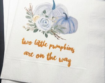 Two Little Pumpkins Are On The Way Twins Fall Baby Shower Twin Pumpkin Gender Reveal Cocktail, Luncheon or Dinner Napkins Set of 25