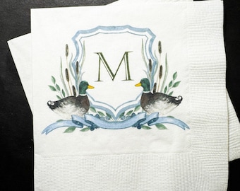 Duck Baby Shower Duck Birthday Crest Mallard Duck Monogram Boy Birthday Party Personalized Cocktail, Luncheon or Dinner Napkins Set of 25