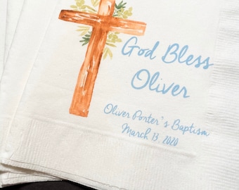 Baptism Christening God Bless Celebration Party Personalized Cocktail, Luncheon or Dinner Napkins Set of 25
