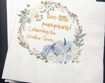Two Little Pumpkins Are On The Way Twins Fall Baby Shower Twin Gender Reveal Personalized Cocktail, Luncheon or Dinner Napkins Set of 25