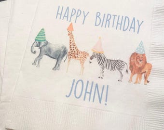 Party Animals Animal Parade Safari Jungle Birthday Party Personalized Cocktail, Luncheon or Dinner Napkins Set of 25