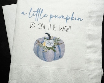 A Little Pumpkin Is On The Way Boy Blue Pumpkin Fall Baby Shower Blue Pumpkin Cocktail, Luncheon or Dinner Napkins Set of 25